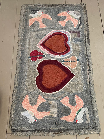 Hearts and Birds Whimsical Hooked Rug