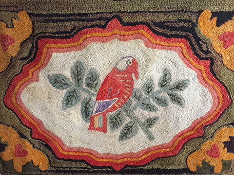 Parrot Hooked Rug with Hearts